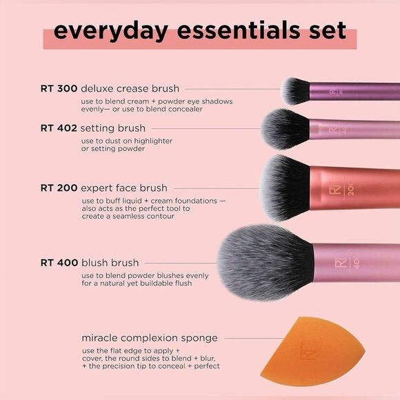 Real Techniques 5 Piece Everyday Essentials Makeup Brush Set, 4 Brushes & Sponge - Picture 4 of 5